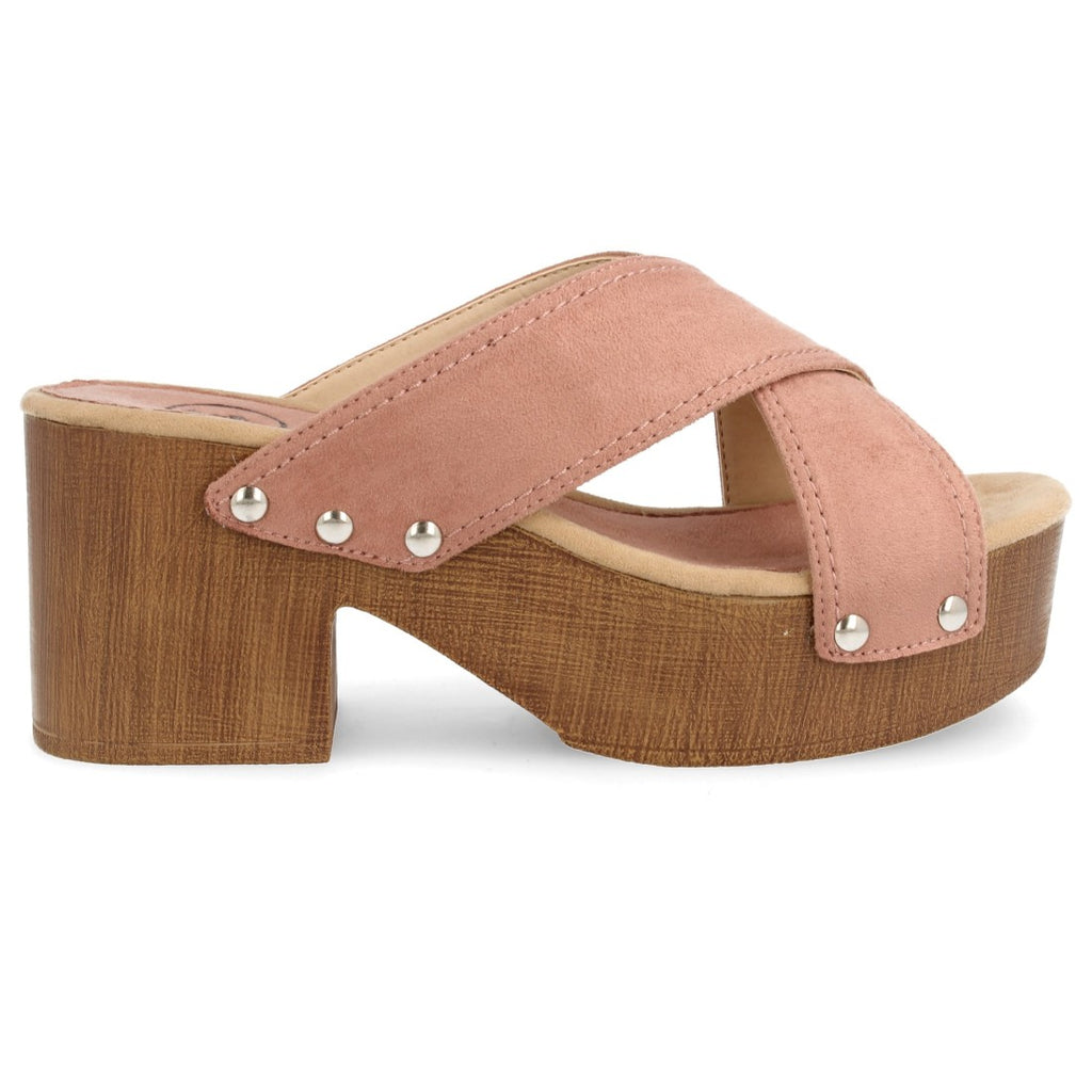 Sandalias Rosas Mujer Plataforma Tiras Cruzadas Clavadas Madera