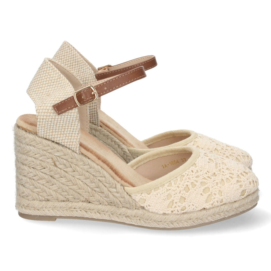 Sandalen Beige Keilabsatz Jute Geschlossener Riemen Geflochtene Schnalle