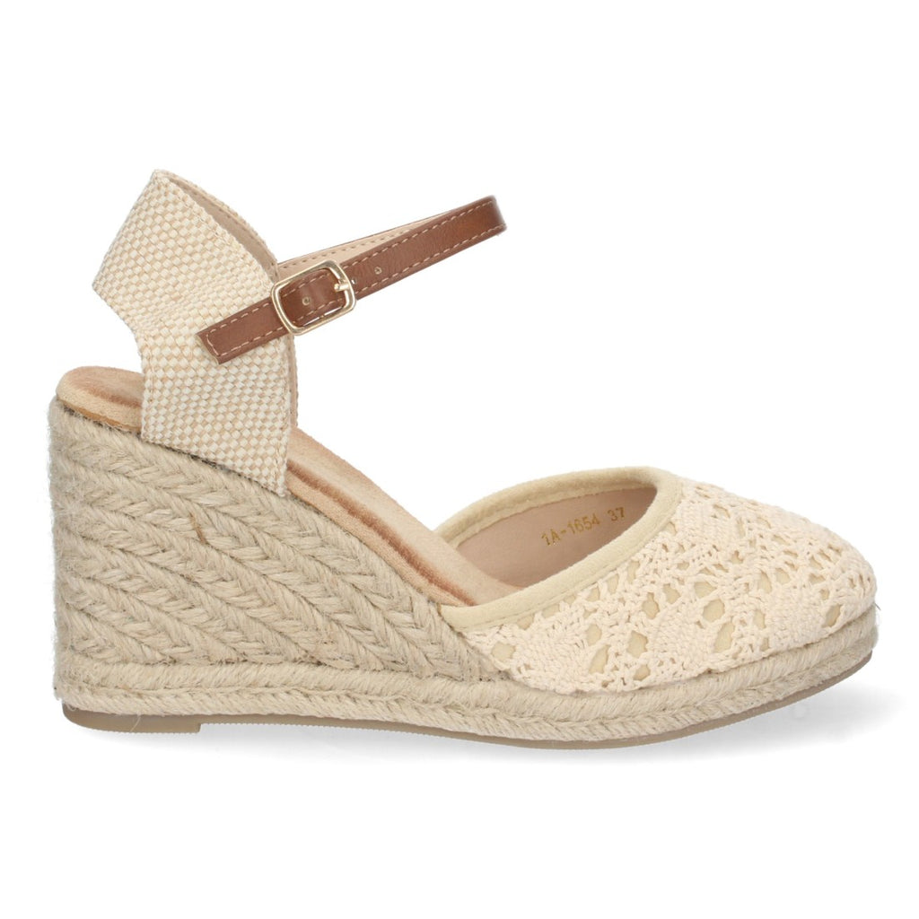 Sandalen Beige Keilabsatz Jute Geschlossener Riemen Geflochtene Schnalle