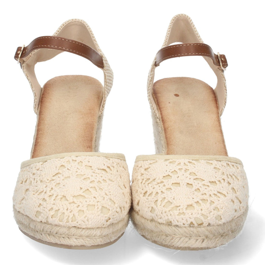 Sandalen Beige Keilabsatz Jute Geschlossener Riemen Geflochtene Schnalle