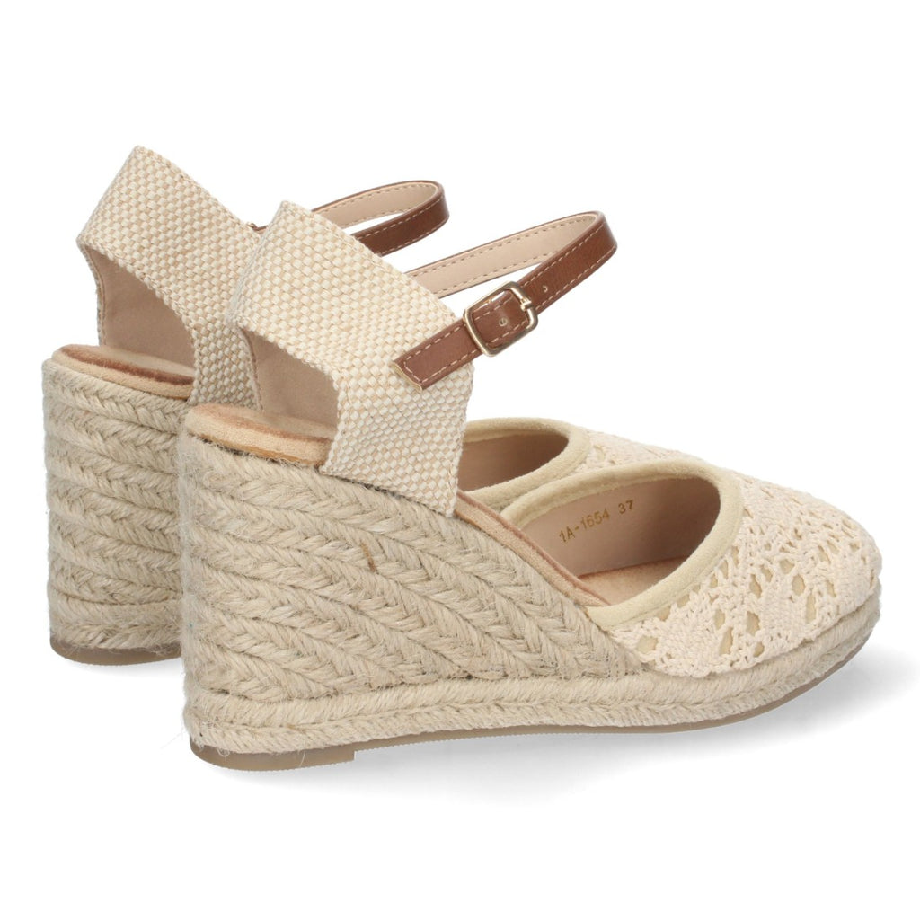 Sandalen Beige Keilabsatz Jute Geschlossener Riemen Geflochtene Schnalle