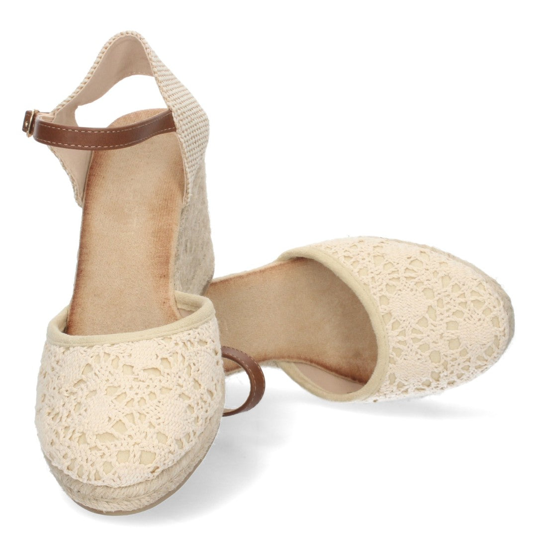 Sandalen Beige Keilabsatz Jute Geschlossener Riemen Geflochtene Schnalle