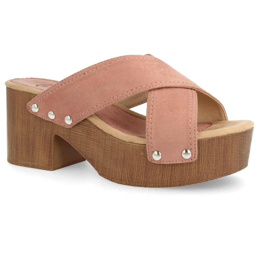 Sandalias Rosas Mujer Plataforma Tiras Cruzadas Clavadas Madera
