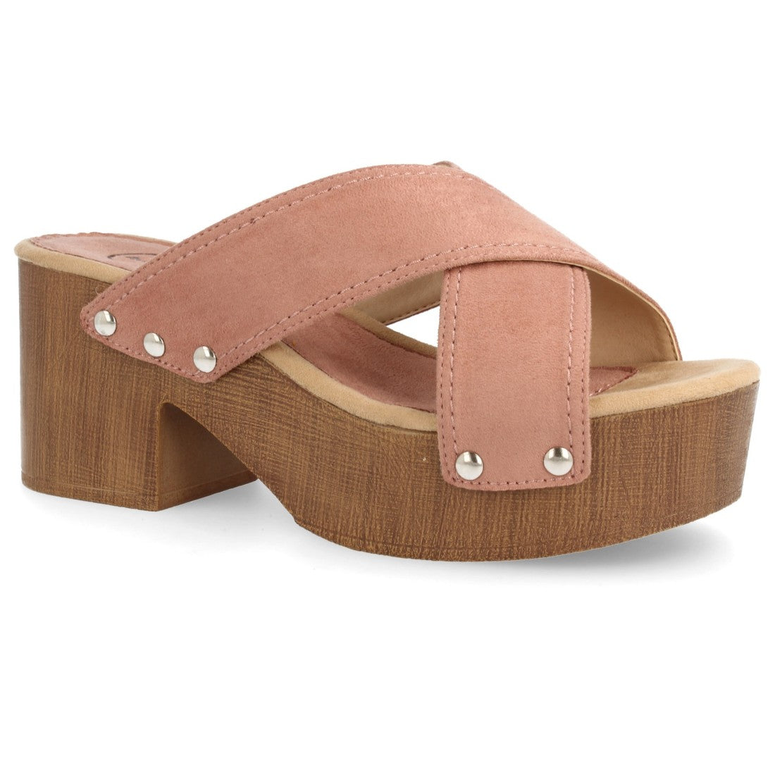 Sandalias Rosas Mujer Plataforma Tiras Cruzadas Clavadas Madera
