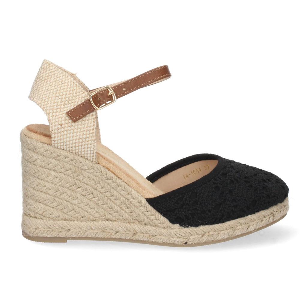 Schwarze Sandalen mit Keilabsatz aus Jute, geschlossenem Vorderteil und geflochtener Schnalle