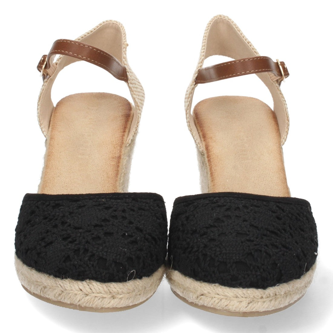 Schwarze Sandalen mit Keilabsatz aus Jute, geschlossenem Vorderteil und geflochtener Schnalle