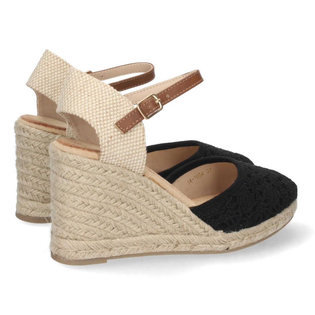 Schwarze Sandalen mit Keilabsatz aus Jute, geschlossenem Vorderteil und geflochtener Schnalle