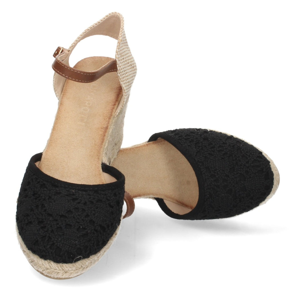 Schwarze Sandalen mit Keilabsatz aus Jute, geschlossenem Vorderteil und geflochtener Schnalle