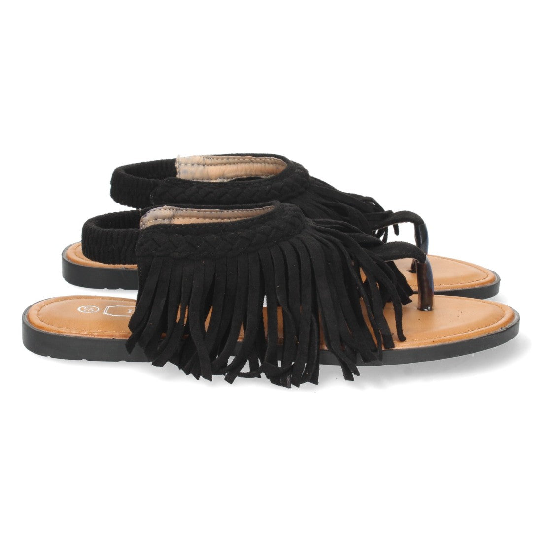 Sandalias Negras Mujer Planas Esclava Flecos