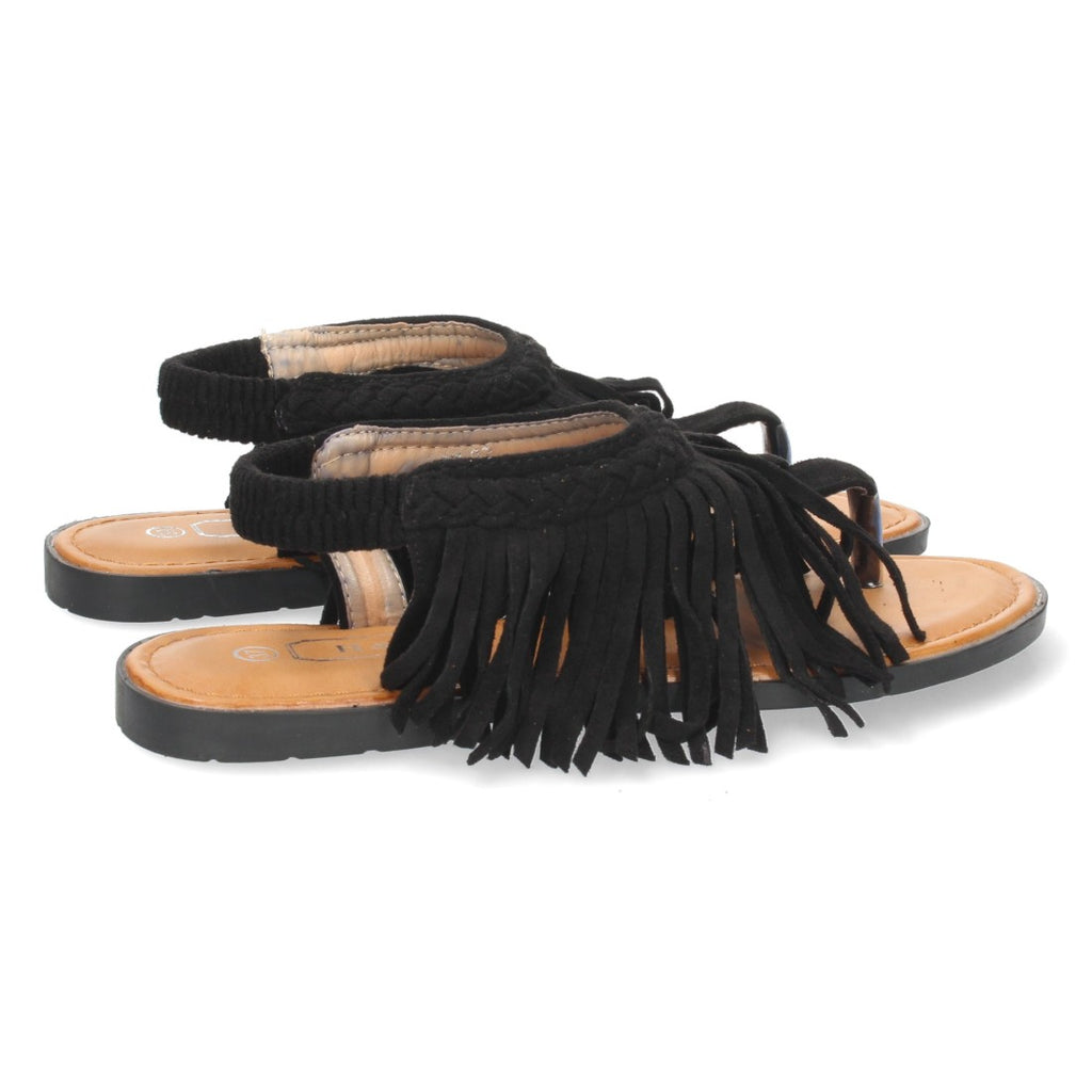 Sandalias Negras Mujer Planas Esclava Flecos