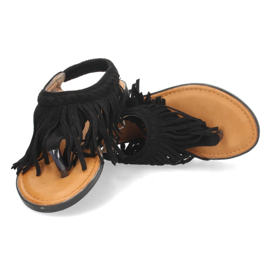 Sandalias Negras Mujer Planas Esclava Flecos