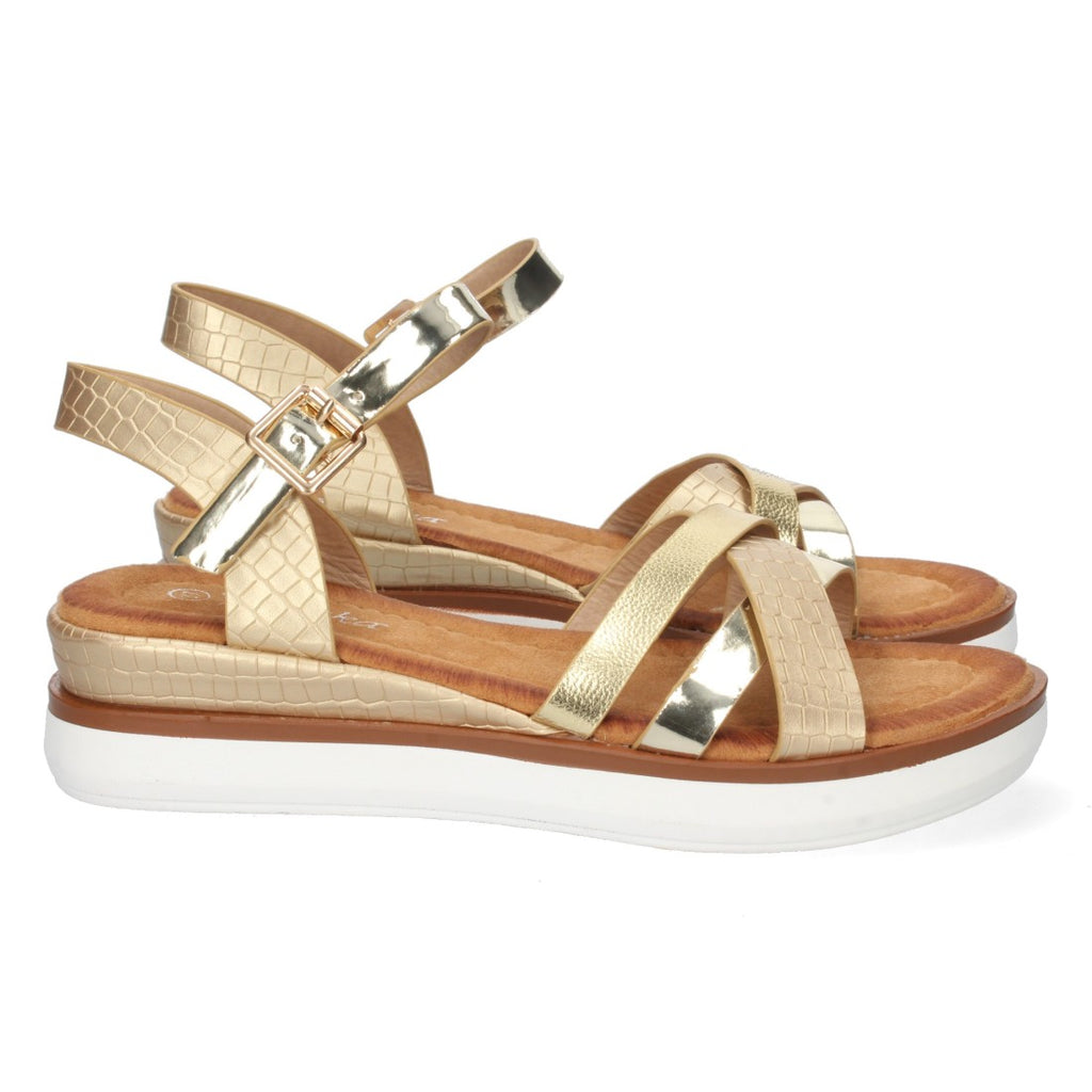 Sandalias Doradas Mujer Cuña Palas Cruzadas Cómodas