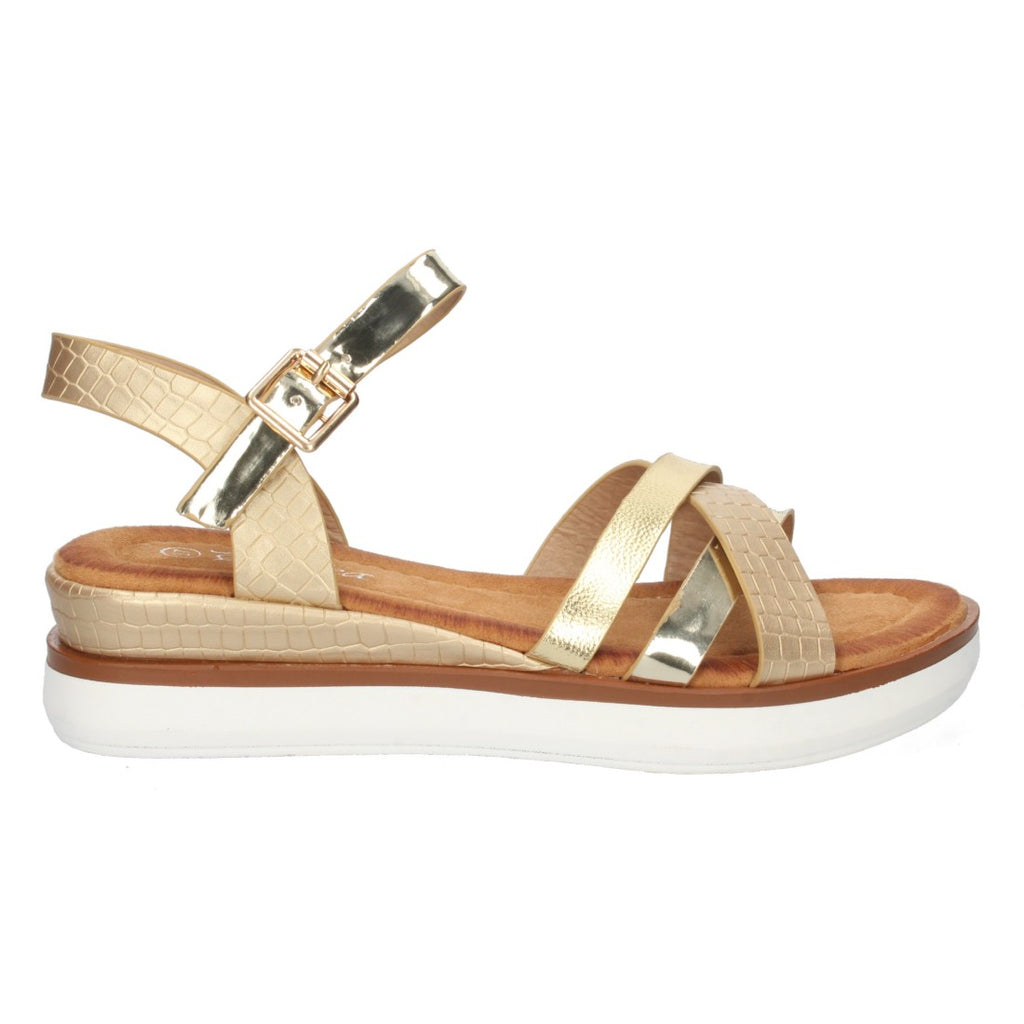 Sandalias Doradas Mujer Cuña Palas Cruzadas Cómodas