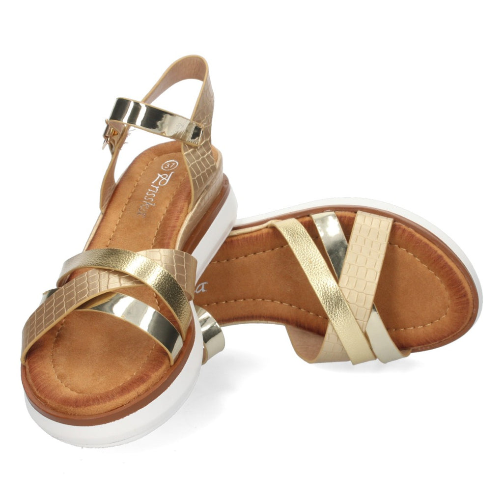 Sandalias Doradas Mujer Cuña Palas Cruzadas Cómodas