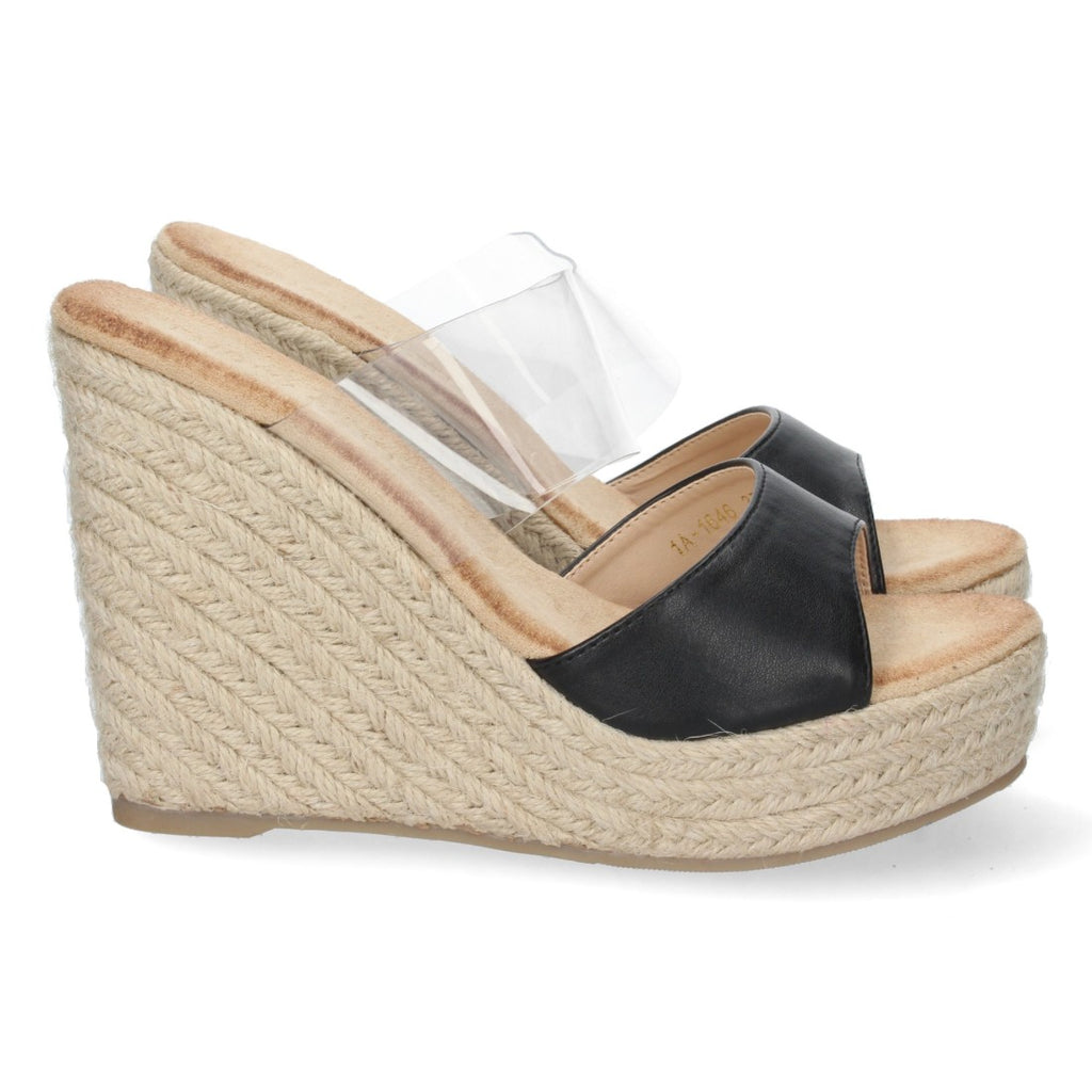 Schwarze Sandalen mit transparentem Keilabsatz und offener Ferse