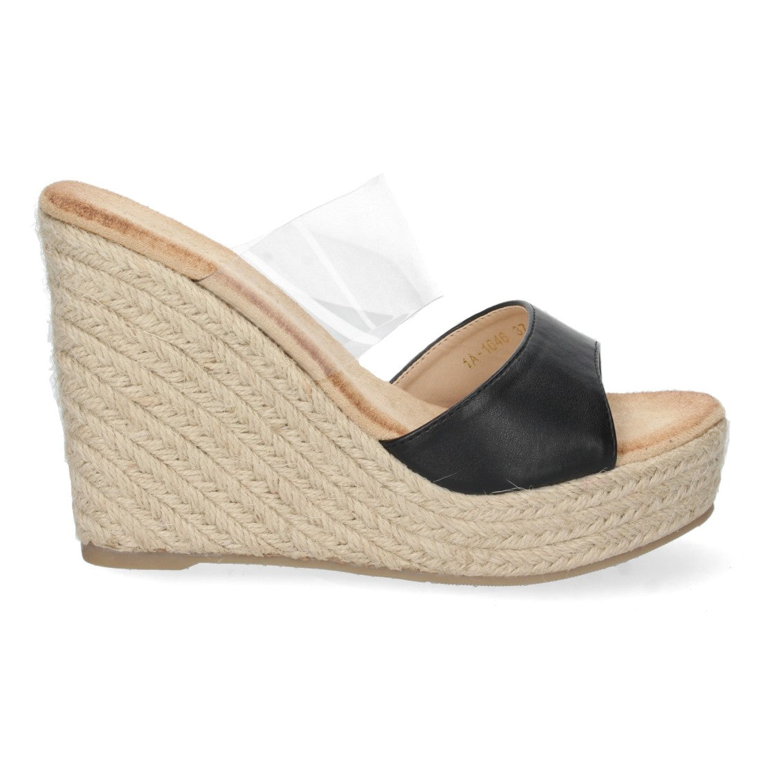 Schwarze Sandalen mit transparentem Keilabsatz und offener Ferse