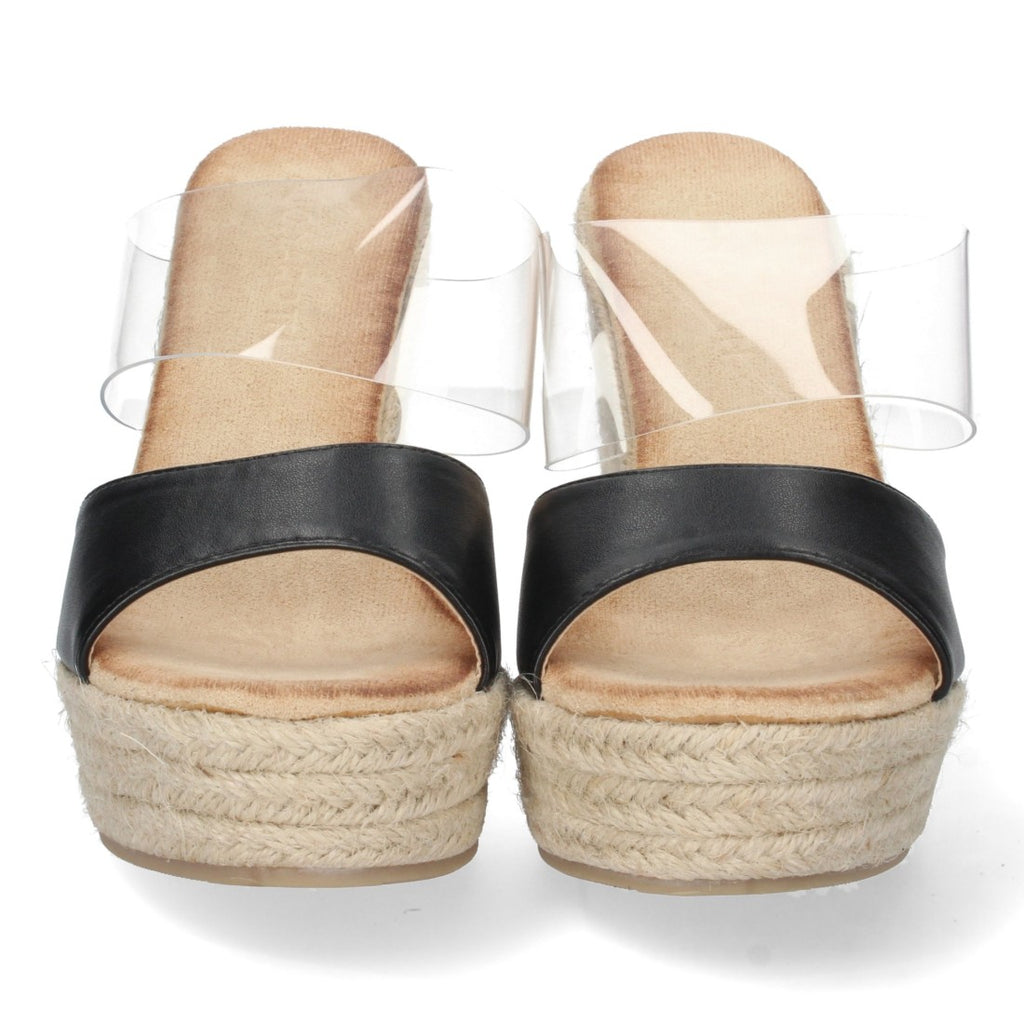 Schwarze Sandalen mit transparentem Keilabsatz und offener Ferse
