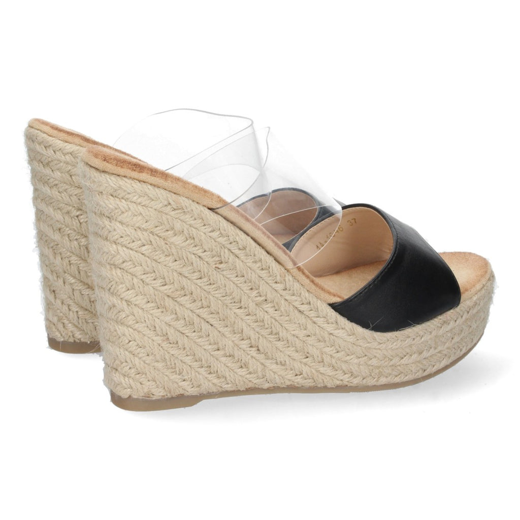 Schwarze Sandalen mit transparentem Keilabsatz und offener Ferse