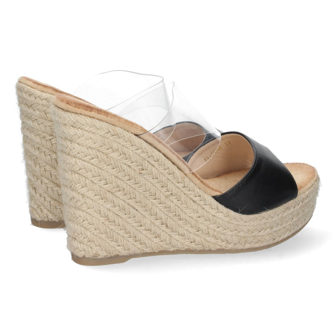 Schwarze Sandalen mit transparentem Keilabsatz und offener Ferse