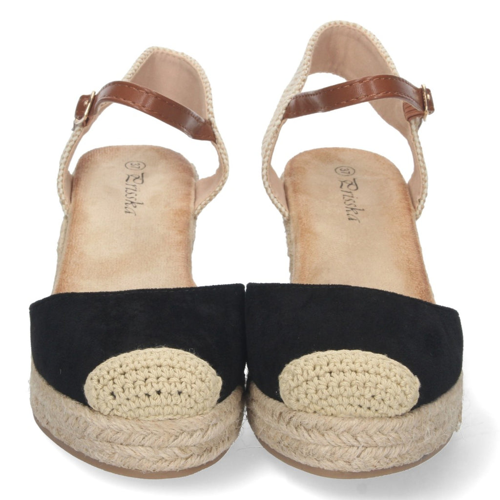 Sandalias Negras Mujer Cuña Yute Pala Cerrada Cómodas