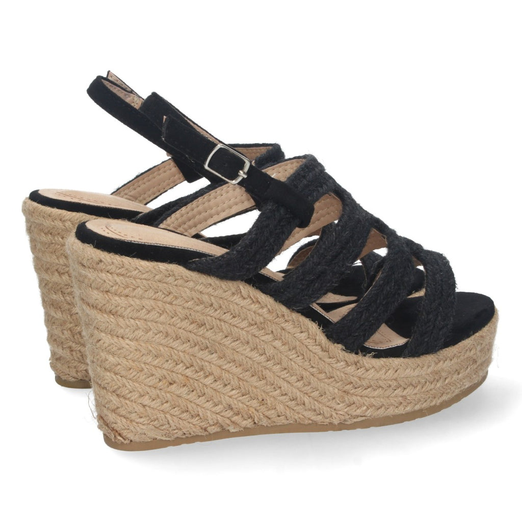 Sandalias Negras Mujer Cuña Yute Pala Trenzada