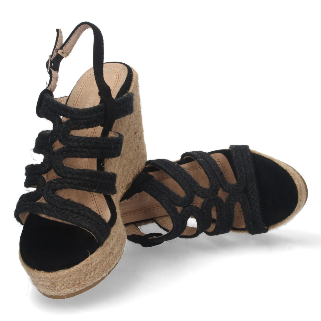 Sandalias Negras Mujer Cuña Yute Pala Trenzada