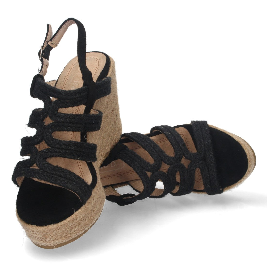 Sandalias Negras Mujer Cuña Yute Pala Trenzada