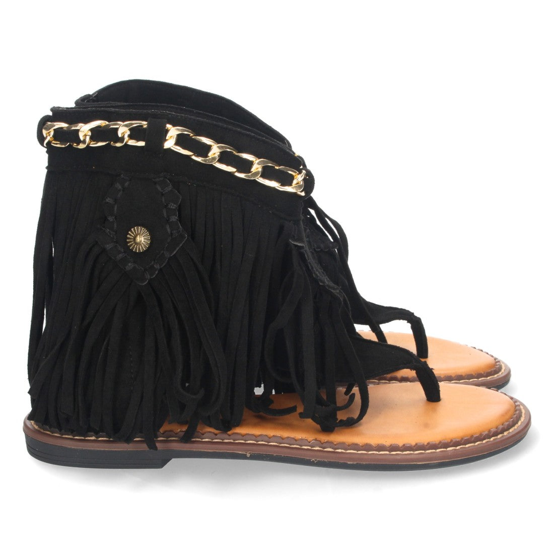 Sandalias Negras Mujer Planas Esclava Flecos Cadena