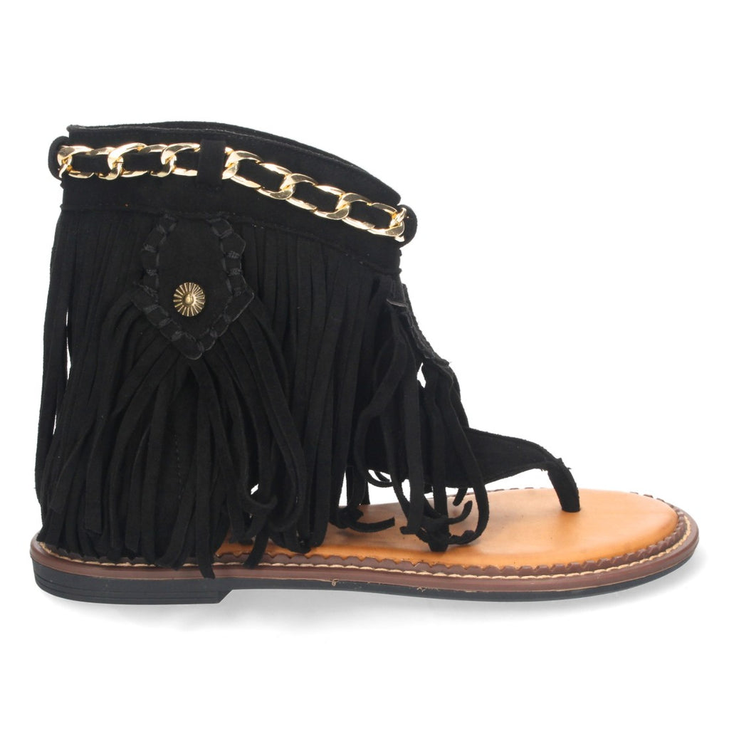 Sandalias Negras Mujer Planas Esclava Flecos Cadena