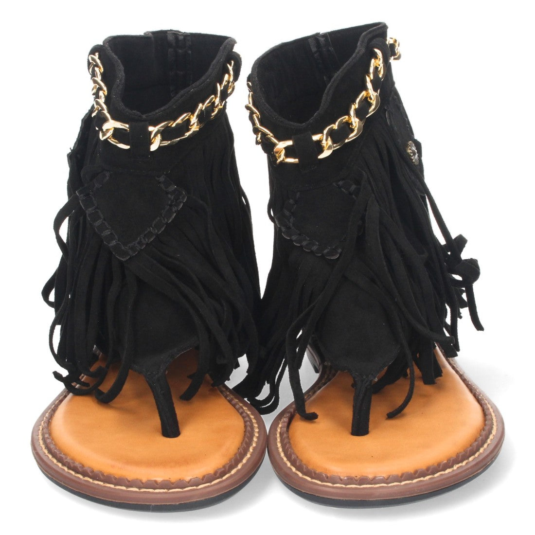 Sandalias Negras Mujer Planas Esclava Flecos Cadena