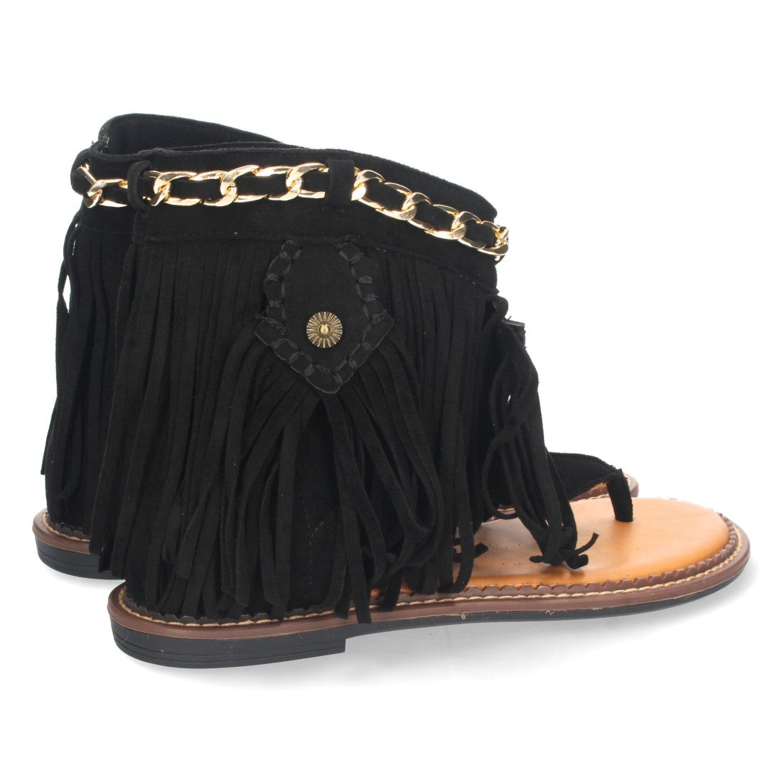 Sandalias Negras Mujer Planas Esclava Flecos Cadena