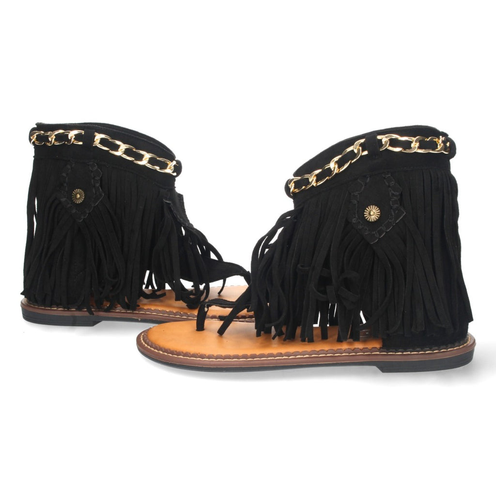Sandalias Negras Mujer Planas Esclava Flecos Cadena
