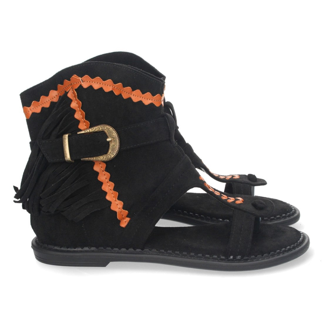 Sandalias Planas Negro Mujer Esclava Flecos