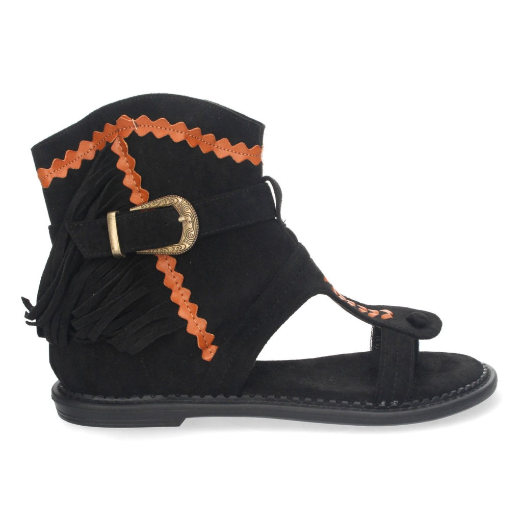 Sandalias Planas Negro Mujer Esclava Flecos