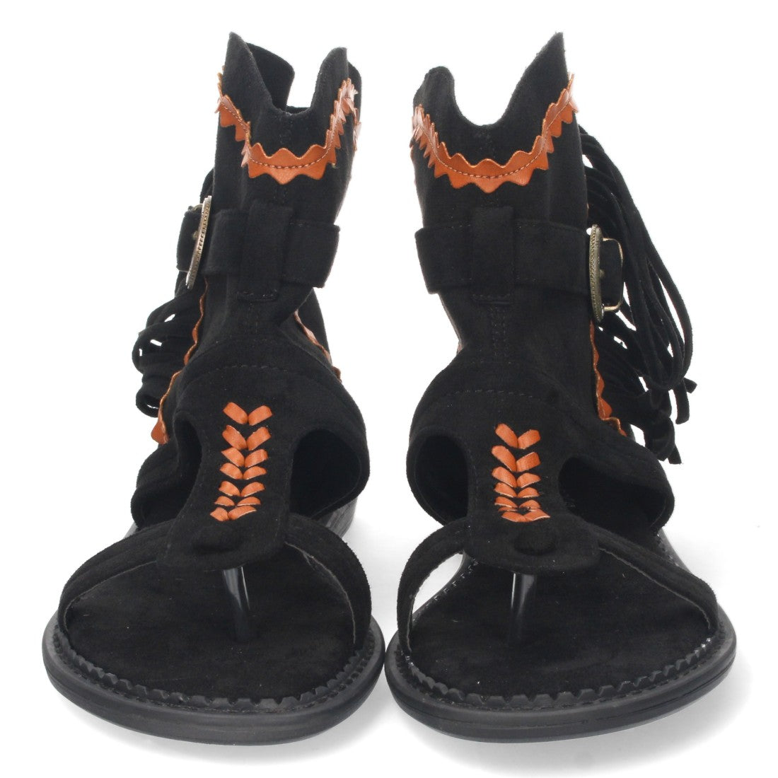 Sandalias Planas Negro Mujer Esclava Flecos