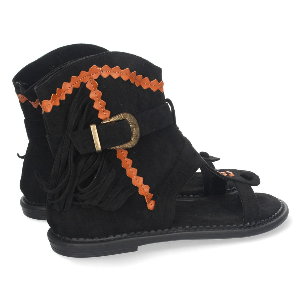 Sandalias Planas Negro Mujer Esclava Flecos