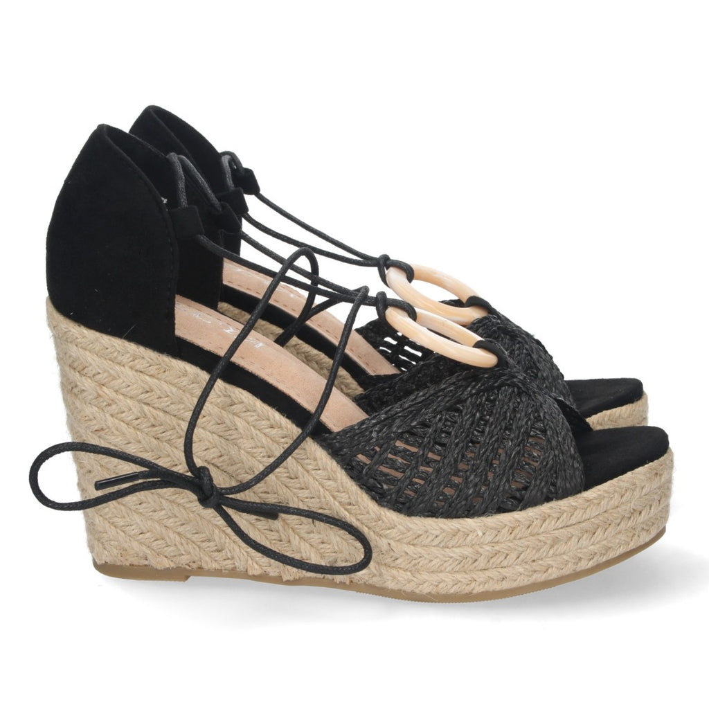 Sandalias Negras Mujer Cuña Yute Cordones