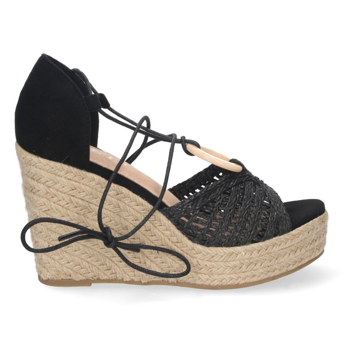 Sandalias Negras Mujer Cuña Yute Cordones