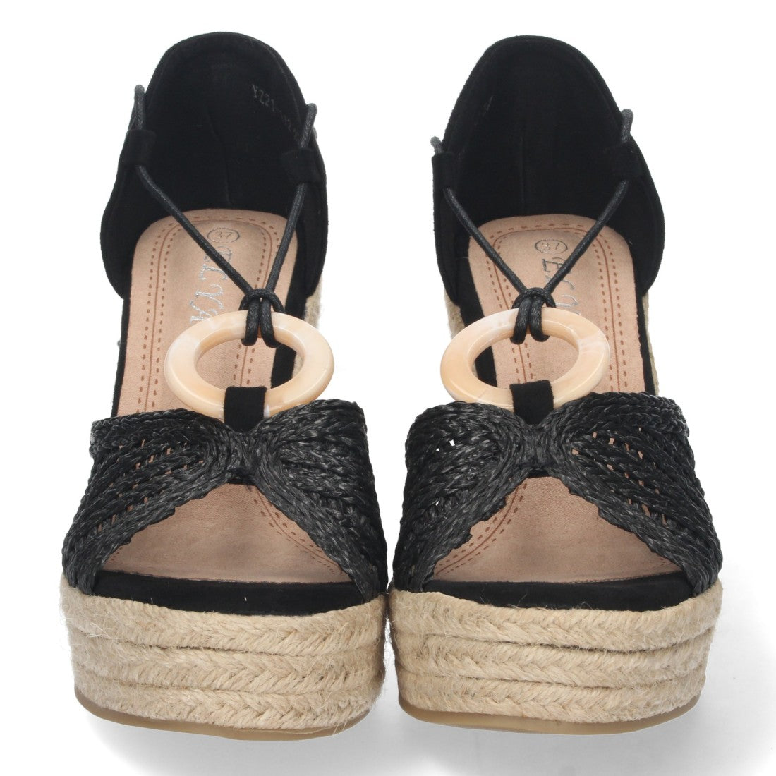 Sandalias Negras Mujer Cuña Yute Cordones