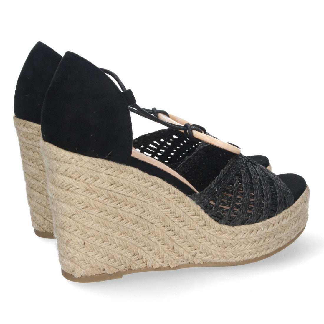 Sandalias Negras Mujer Cuña Yute Cordones
