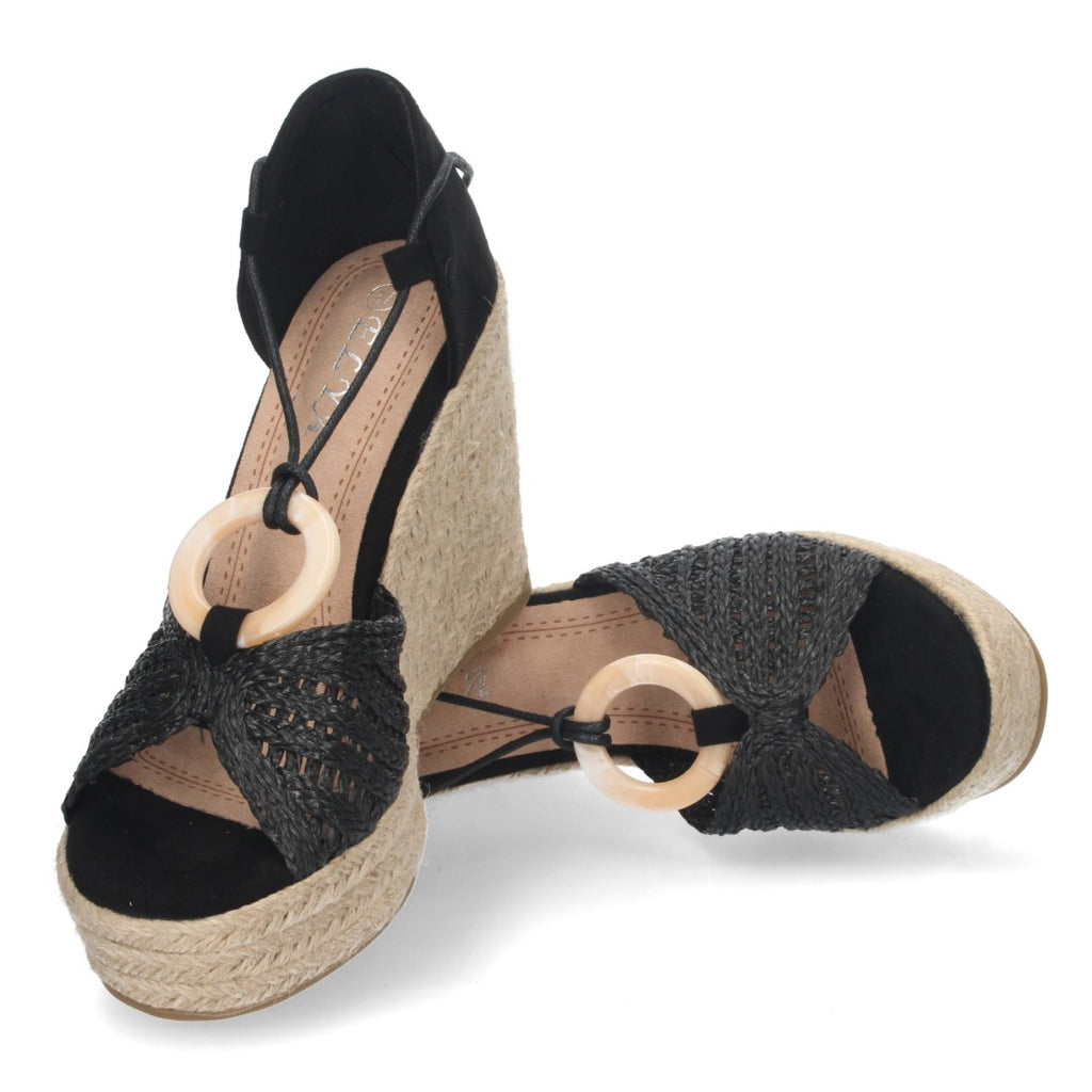 Sandalias Negras Mujer Cuña Yute Cordones
