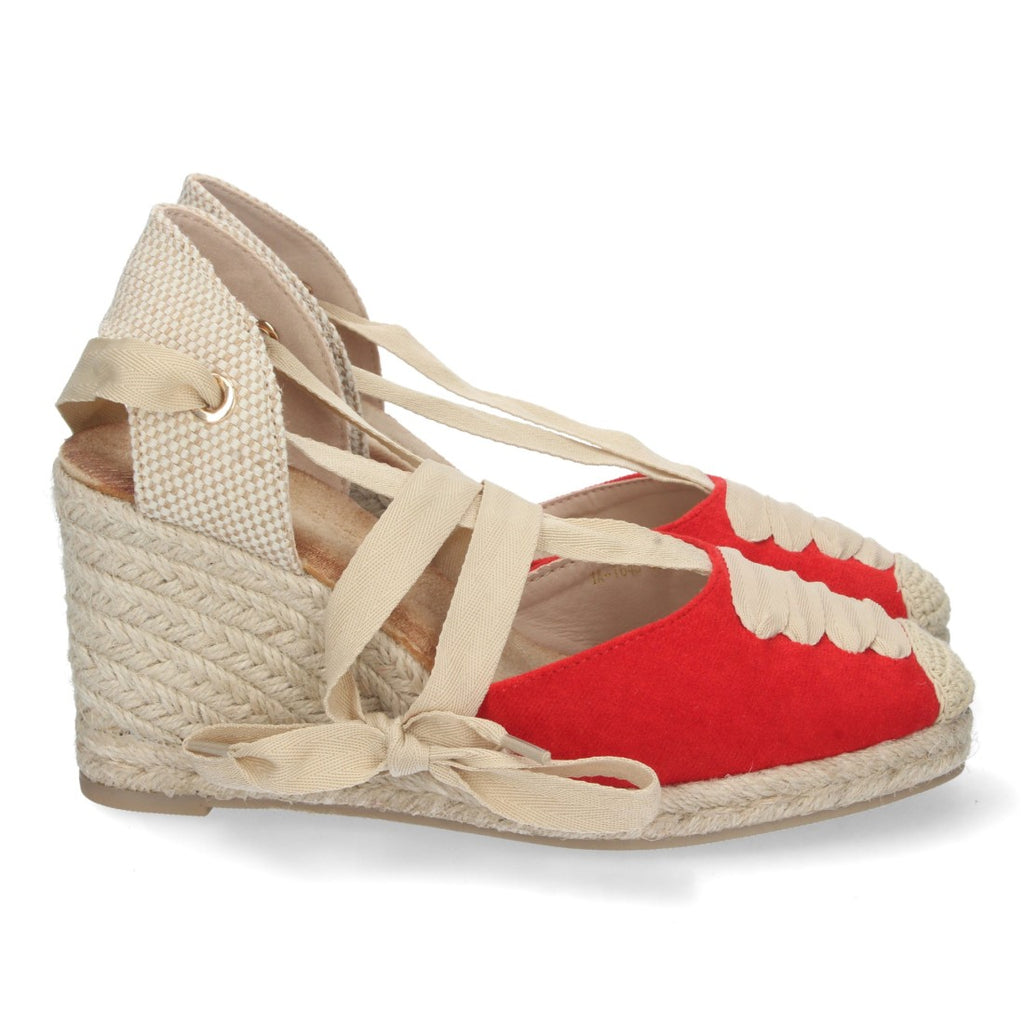 Rote Sandalen, Keilabsatz, Jute, geschlossener Vorderfuß, Schnürung