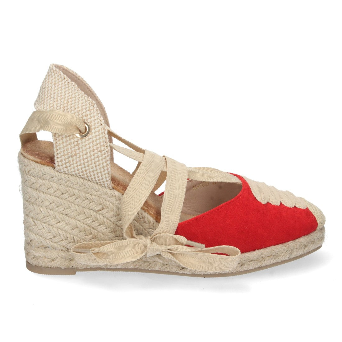 Rote Sandalen, Keilabsatz, Jute, geschlossener Vorderfuß, Schnürung