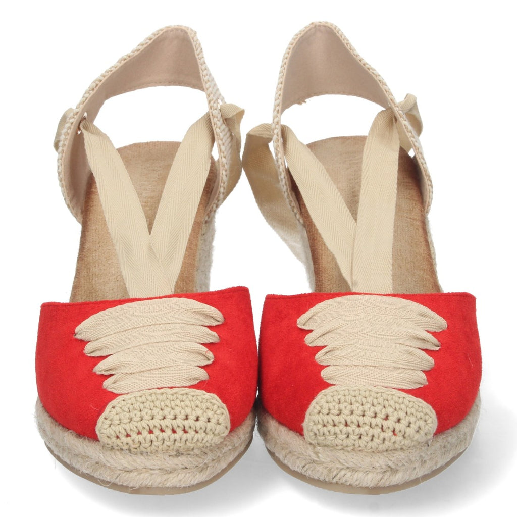 Rote Sandalen, Keilabsatz, Jute, geschlossener Vorderfuß, Schnürung