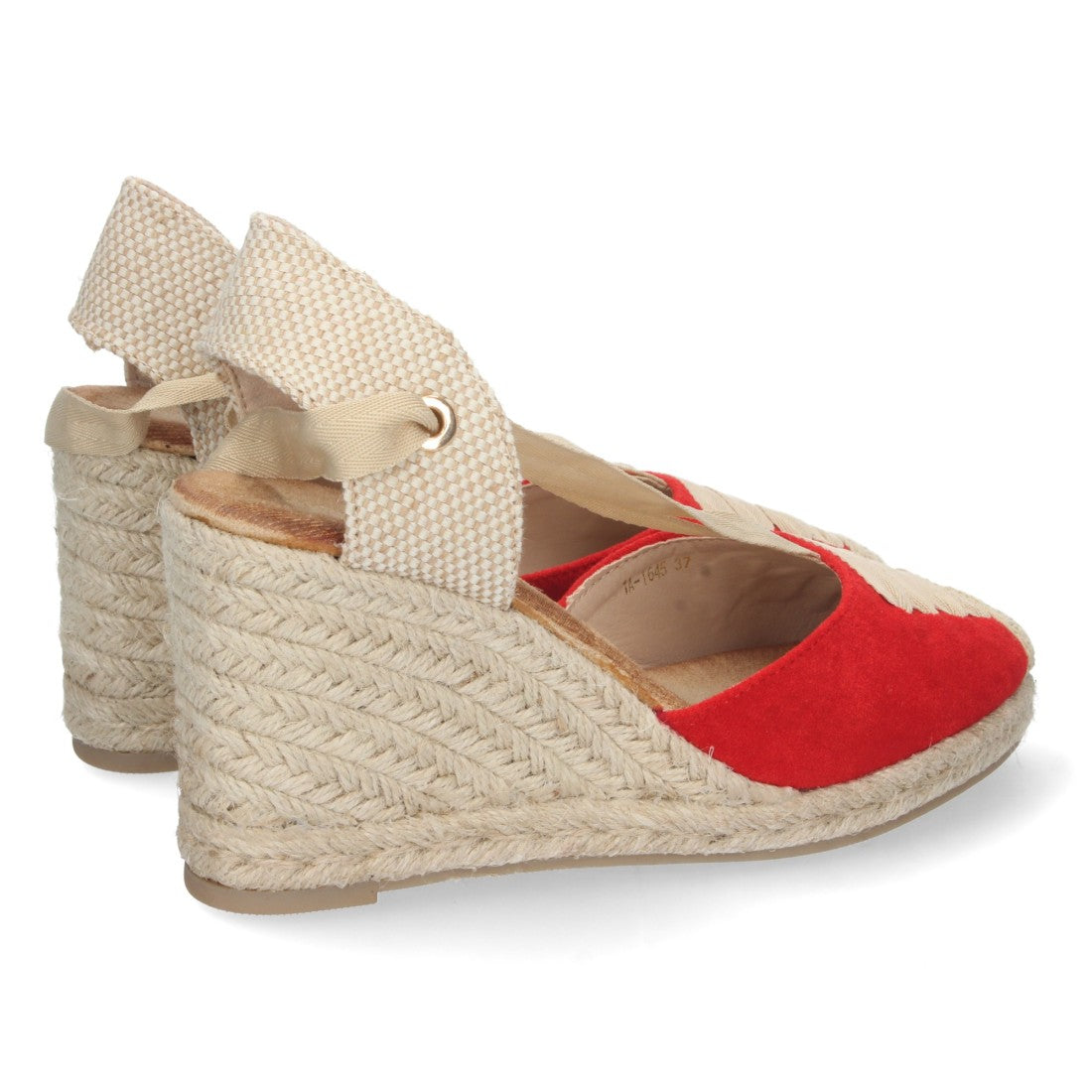 Rote Sandalen, Keilabsatz, Jute, geschlossener Vorderfuß, Schnürung
