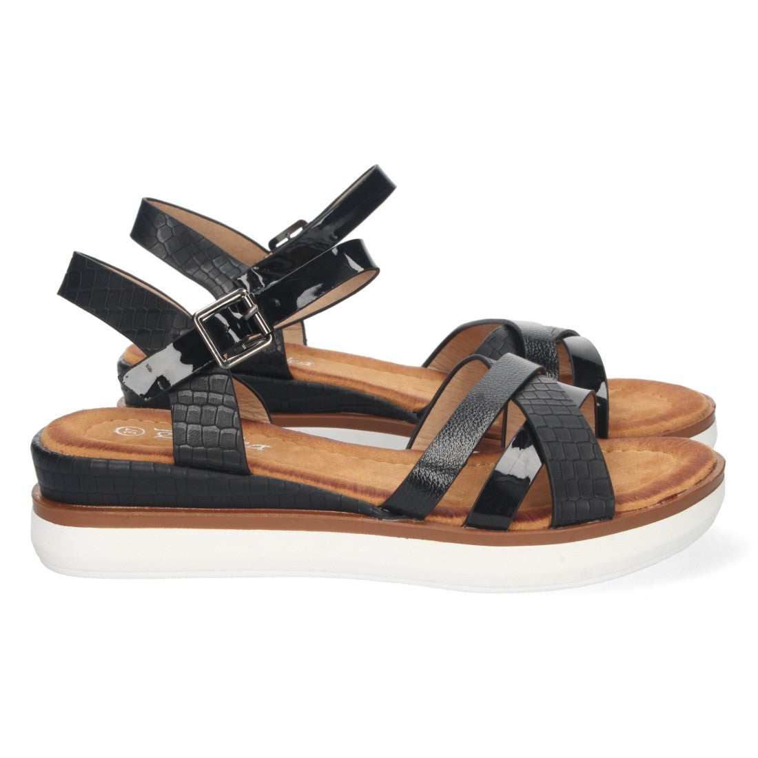 Sandalias Negras Mujer Cuña Palas Cruzadas Cómodas