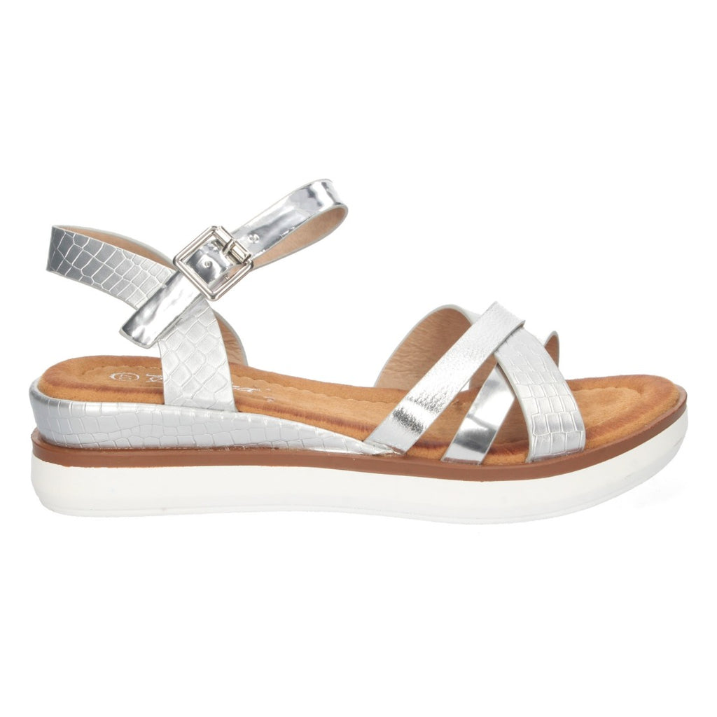 Sandalias Plateadas Mujer Cuña Palas Cruzadas Cómodas