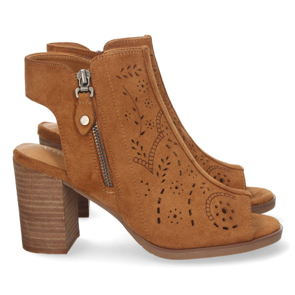 Sandalias Camel Mujer Tacón Calados Grabados Cremallera