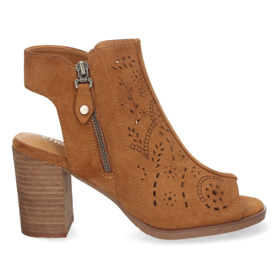 Sandalias Camel Mujer Tacón Calados Grabados Cremallera