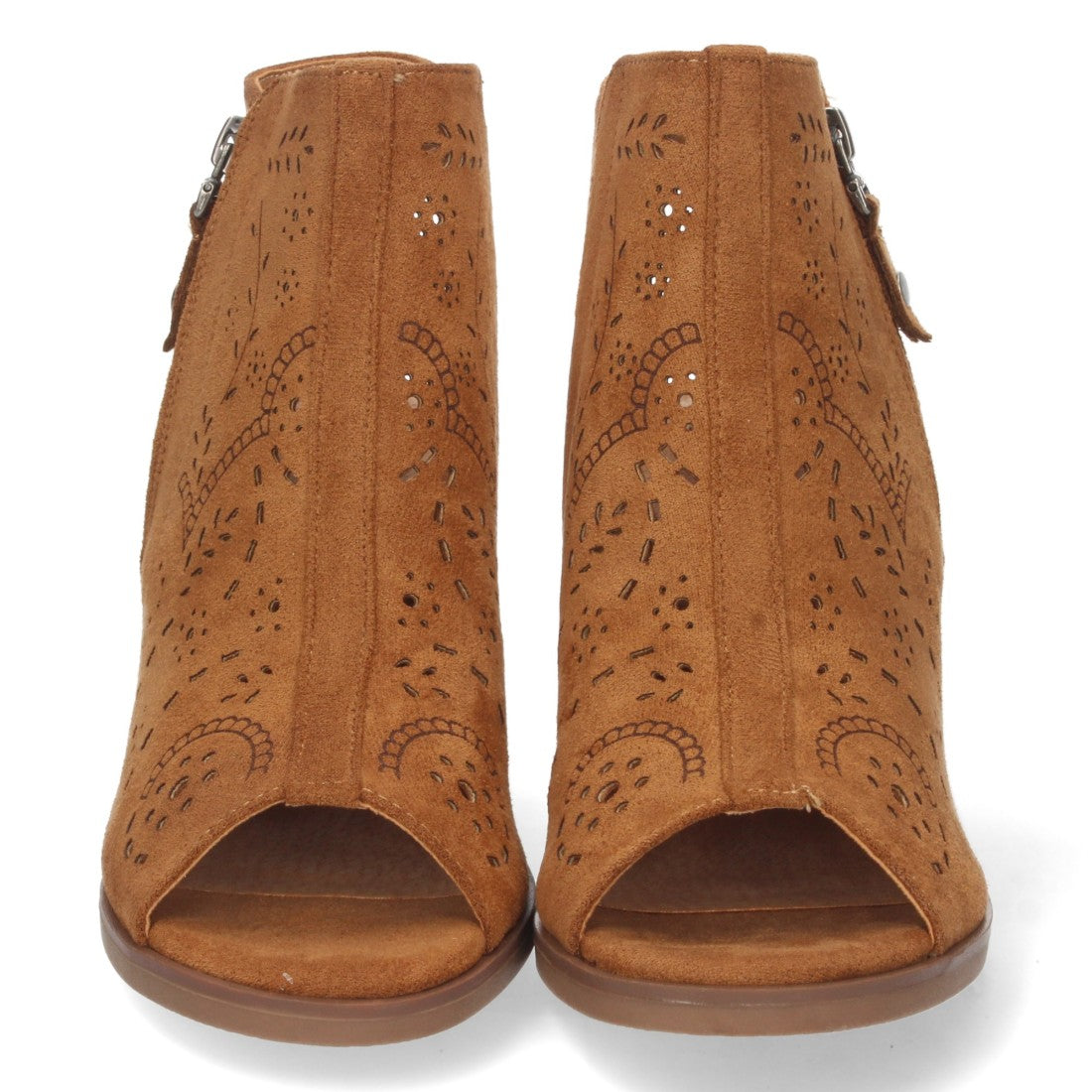Sandalias Camel Mujer Tacón Calados Grabados Cremallera